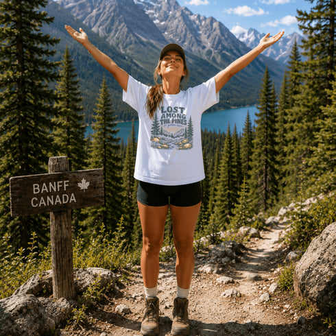 Person standing on a trail with arms outstretched, wearing a 'Lost Among the Pines' t-shirt, with Banff National Park sign in the background.