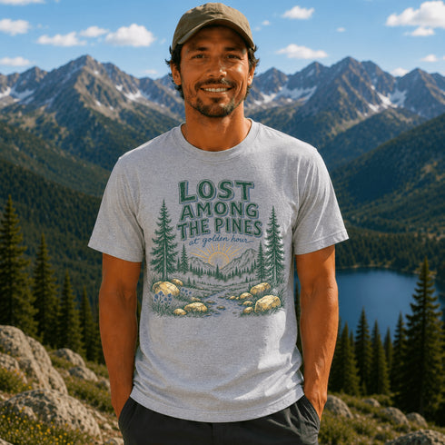 Man wearing a t-shirt with a nature graphic and text, standing in front of mountains and a lake.