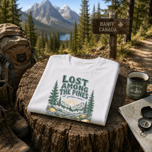 Folded t-shirt with nature-themed design on a wooden stump in a forest setting with a 'Banff Canada' sign.