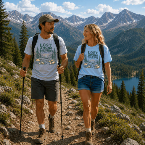 Two hikers on a mountain trail with scenic mountains and lake in the background