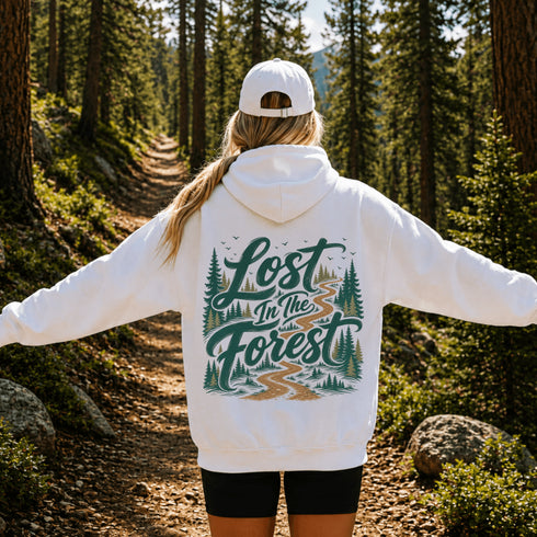 Vintage-inspired hiking hoodie featuring a matching left chest graphic and large outdoor-themed back design on a unisex heavy blend hoodie shown in lifestyle and flat lay mockups.