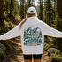Vintage-inspired hiking hoodie featuring a matching left chest graphic and large outdoor-themed back design on a unisex heavy blend hoodie shown in lifestyle and flat lay mockups.