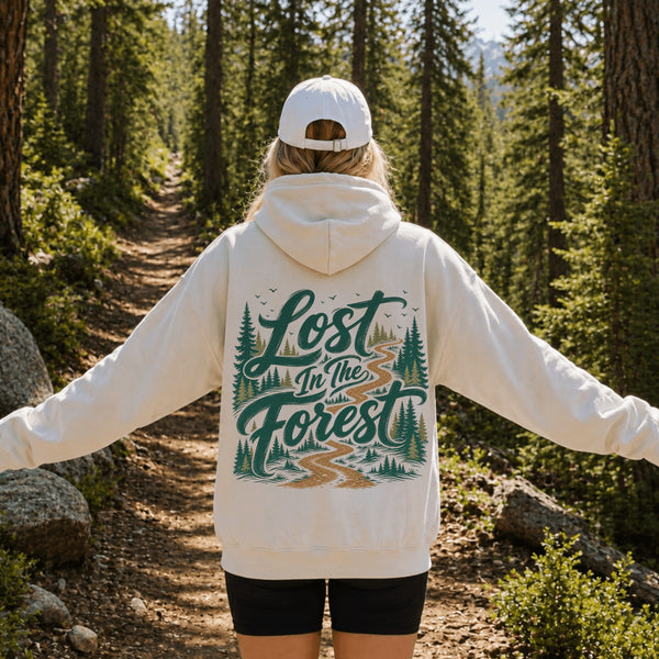 Vintage-inspired hiking hoodie featuring a matching left chest graphic and large outdoor-themed back design on a unisex heavy blend hoodie shown in lifestyle and flat lay mockups.