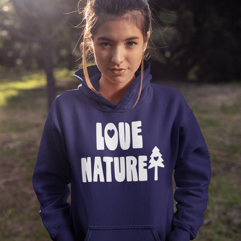 Person wearing a navy hoodie with 'Love Nature' text in an outdoor setting