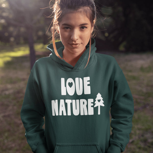 Person wearing a green hoodie with 'Love Nature' text in a natural setting