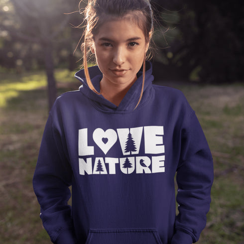 Person wearing a navy hoodie with 'Love Nature' text in a natural setting