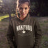 Manitoba Rooted in the Heartland hoodie with maple leaf and vintage collegiate lettering on a unisex Gildan sweatshirt