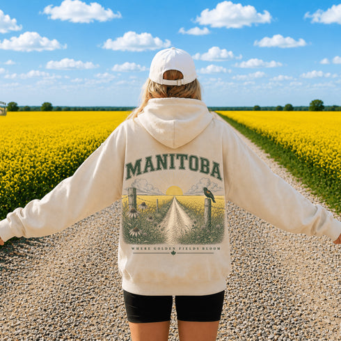Vintage-inspired Manitoba prairie hoodie featuring a matching left chest design and oversized back graphic shown on a unisex hoodie lifestyle mockup with outdoor-inspired accessories. Available in multiple hoodie colors.