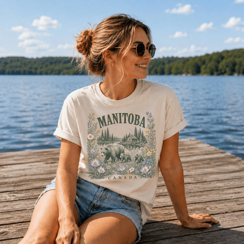 Woman sitting on a dock by a lake wearing a 'Manitoba Canada' t-shirt.