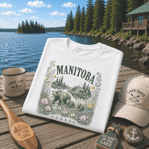 Manitoba Canada wildlife graphic t-shirt featuring bears, wildflowers, forest landscape and lakeside cabin on a dock at Falcon Lake Manitoba.
