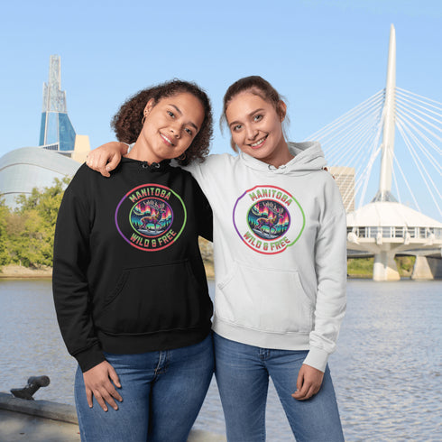 Stay connected to the wild with our Manitoba – Wild & Free hoodie, featuring a majestic deer standing under the vibrant northern lights.