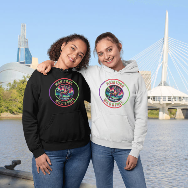 Stay connected to the wild with our Manitoba – Wild & Free hoodie, featuring a majestic deer standing under the vibrant northern lights.