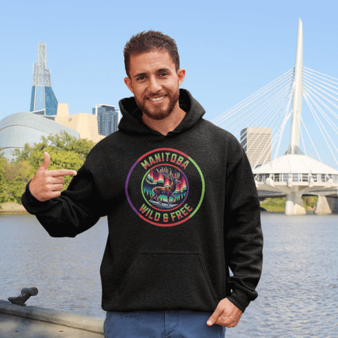 Stay connected to the wild with our Manitoba – Wild & Free hoodie, featuring a majestic deer standing under the vibrant northern lights.