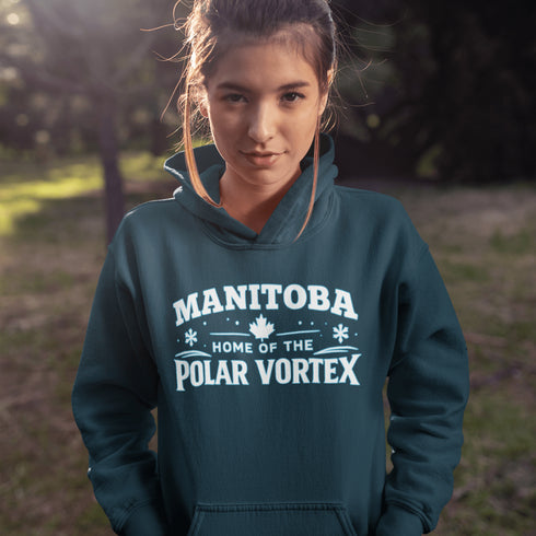 The MANITOBA – Home of the Polar Vortex Hoodie is a badge of honour for those who’ve braved brutal windchills, frozen eyelashes, and mornings that start at –48.