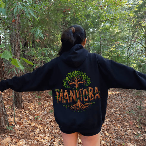 Celebrate the natural beauty of Manitoba with this unique hoodie featuring "Manitoba" written in a stunning tree-inspired font.