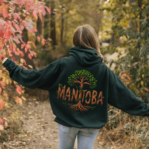 Celebrate the natural beauty of Manitoba with this unique hoodie featuring "Manitoba" written in a stunning tree-inspired font.