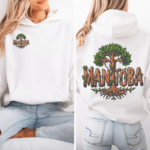 Celebrate the natural beauty of Manitoba with this unique hoodie featuring "Manitoba" written in a stunning tree-inspired font.