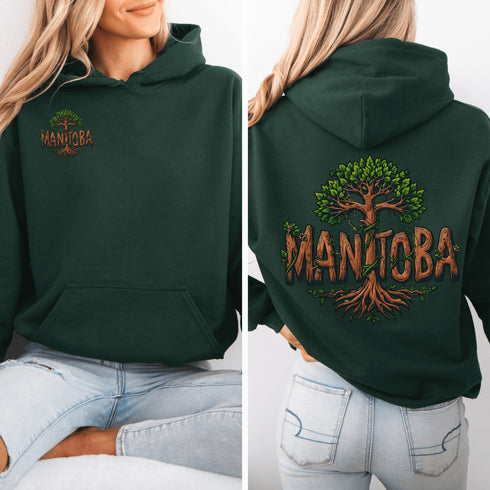 Celebrate the natural beauty of Manitoba with this unique hoodie featuring "Manitoba" written in a stunning tree-inspired font.