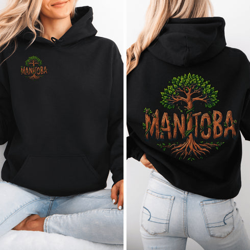 Celebrate the natural beauty of Manitoba with this unique hoodie featuring "Manitoba" written in a stunning tree-inspired font.