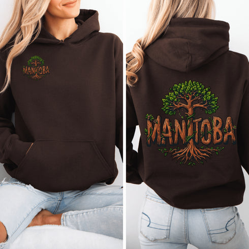 Celebrate the natural beauty of Manitoba with this unique hoodie featuring "Manitoba" written in a stunning tree-inspired font.