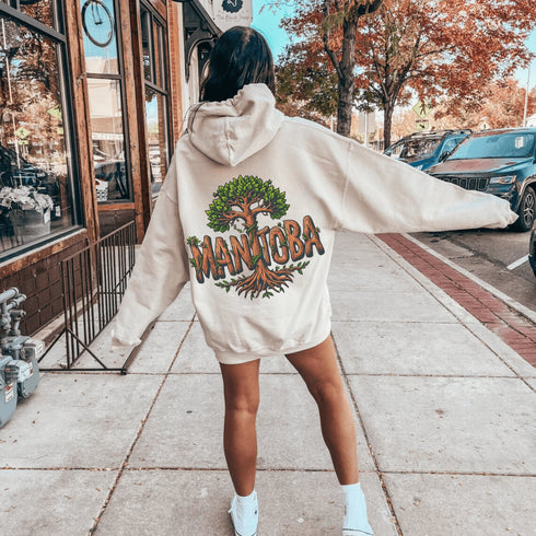 Celebrate the natural beauty of Manitoba with this unique hoodie featuring "Manitoba" written in a stunning tree-inspired font.