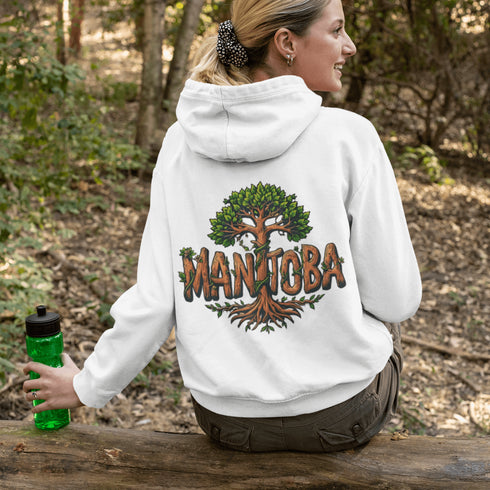 Celebrate the natural beauty of Manitoba with this unique hoodie featuring "Manitoba" written in a stunning tree-inspired font.
