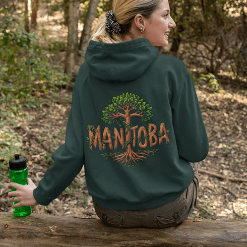 Celebrate the natural beauty of Manitoba with this unique hoodie featuring "Manitoba" written in a stunning tree-inspired font.