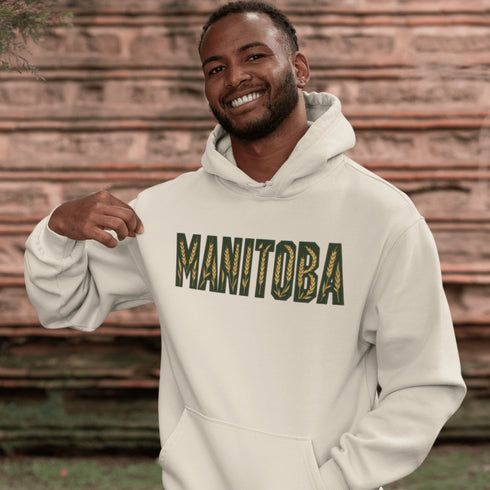 Stay cozy and stylish with this Manitoba-themed hoodie featuring the letters filled with wheat. Perfect for anyone looking for a cozy hoodie to wear during winter.