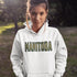 Stay cozy and stylish with this Manitoba-themed hoodie featuring the letters filled with wheat. Perfect for anyone looking for a cozy hoodie to wear during winter.