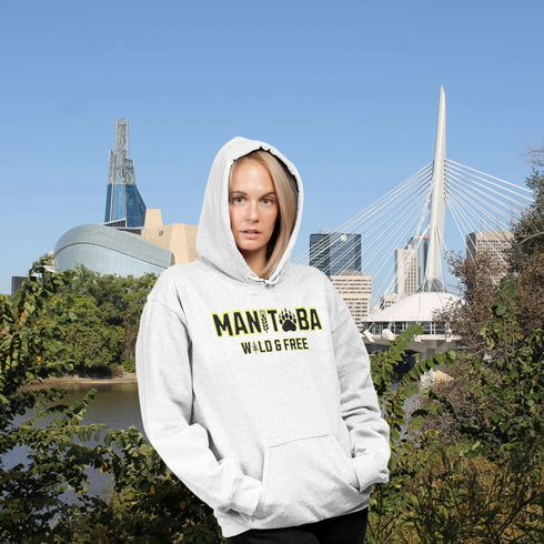 Get ready to embrace your inner wild with this Manitoba hoodie, featuring a bear paw for the ‘O’ and wheat for the ‘I’—because nothing says ‘wild and free’ like a province where bears and wheat fields both thrive.