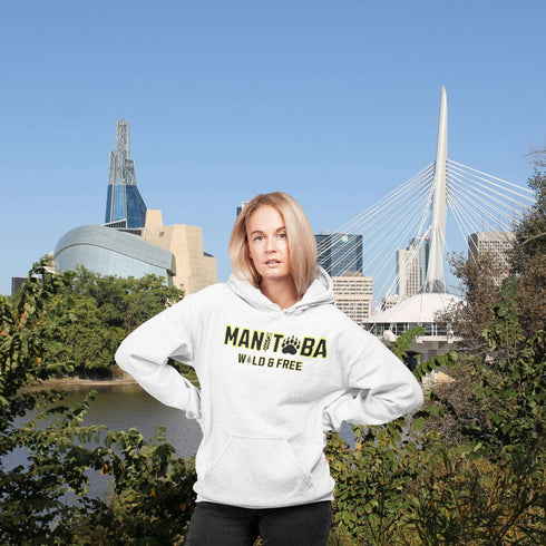 Get ready to embrace your inner wild with this Manitoba hoodie, featuring a bear paw for the ‘O’ and wheat for the ‘I’—because nothing says ‘wild and free’ like a province where bears and wheat fields both thrive.