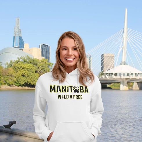 Get ready to embrace your inner wild with this Manitoba hoodie, featuring a bear paw for the ‘O’ and wheat for the ‘I’—because nothing says ‘wild and free’ like a province where bears and wheat fields both thrive.
