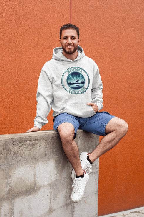 This hoodie brings the heart of Manitoba’s wilderness to life, featuring a majestic moose under the breathtaking glow of the Northern Lights.
