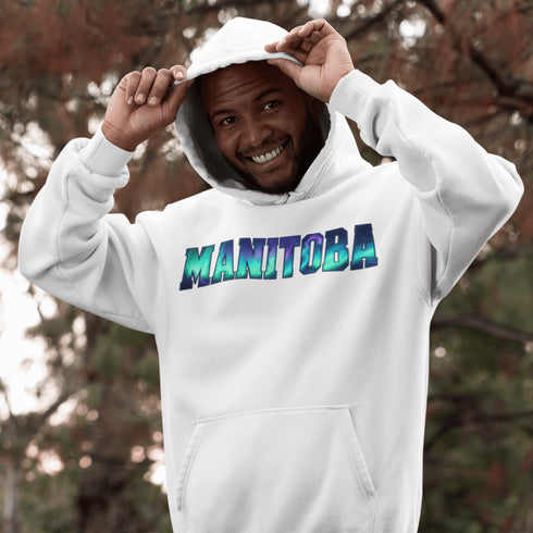 Our Manitoba Northern Lights Hoodie features the province’s name in a stunning aurora-inspired font that shimmers with the spirit of the North.