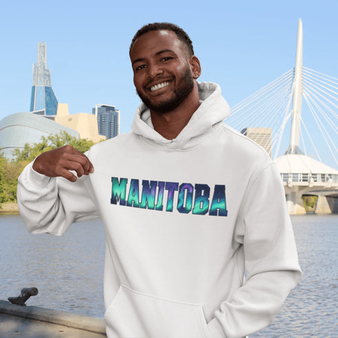 Our Manitoba Northern Lights Hoodie features the province’s name in a stunning aurora-inspired font that shimmers with the spirit of the North.