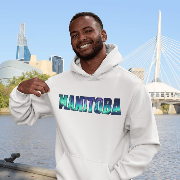 Our Manitoba Northern Lights Hoodie features the province’s name in a stunning aurora-inspired font that shimmers with the spirit of the North.