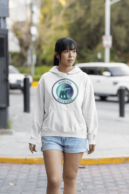 This hoodie brings the beauty of Manitoba’s north right to your wardrobe, featuring a fearless polar bear under the glow of the Northern Lights. With the bold Manitoba - Wild & Free slogan, you’ll feel the spirit of the tundra while staying wrapped in cozy warmth.