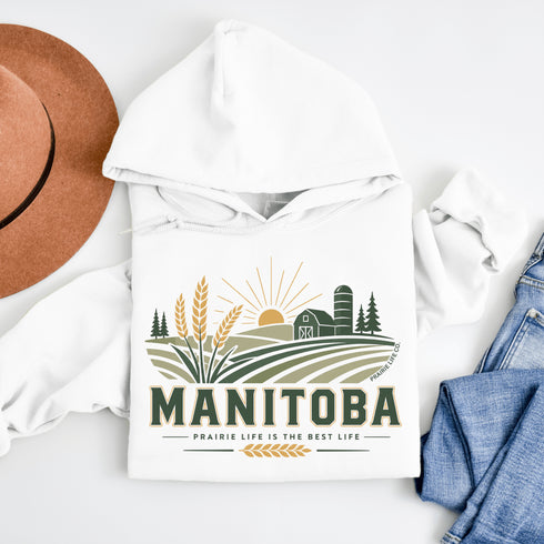 Manitoba prairie life hoodie with farm and wheat field design