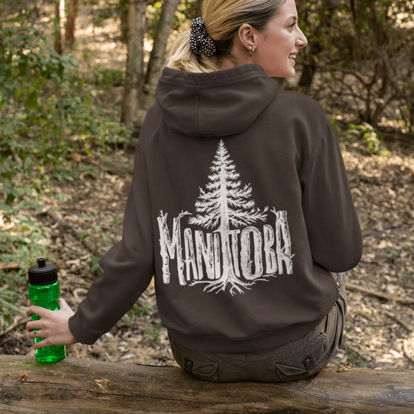 Celebrate the wild spirit of Manitoba with this eye-catching hoodie featuring "Manitoba" written in a unique tree branch font.