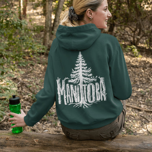 Celebrate the wild spirit of Manitoba with this eye-catching hoodie featuring "Manitoba" written in a unique tree branch font.