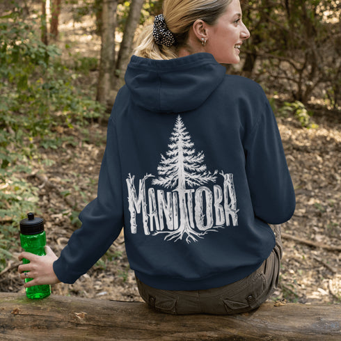 Celebrate the wild spirit of Manitoba with this eye-catching hoodie featuring "Manitoba" written in a unique tree branch font.