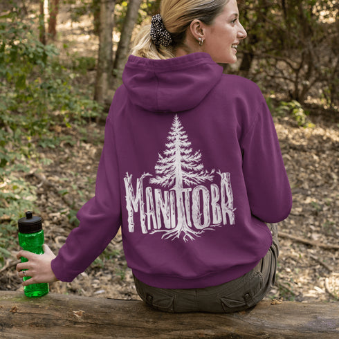 Celebrate the wild spirit of Manitoba with this eye-catching hoodie featuring "Manitoba" written in a unique tree branch font.