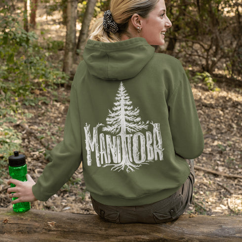 Celebrate the wild spirit of Manitoba with this eye-catching hoodie featuring "Manitoba" written in a unique tree branch font.