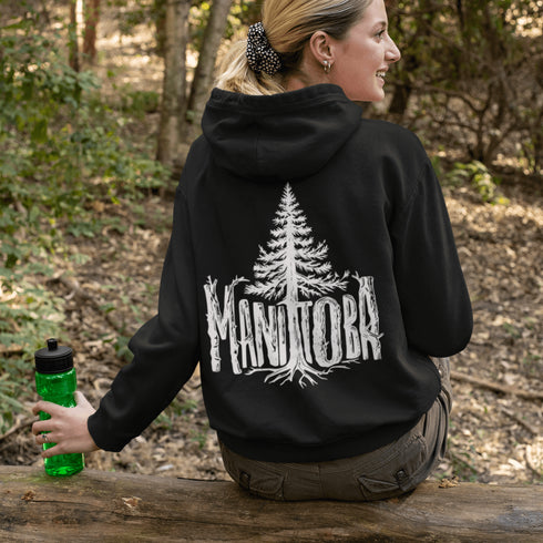 Celebrate the wild spirit of Manitoba with this eye-catching hoodie featuring "Manitoba" written in a unique tree branch font.