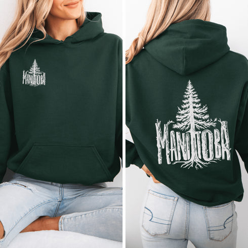 Celebrate the wild spirit of Manitoba with this eye-catching hoodie featuring "Manitoba" written in a unique tree branch font.
