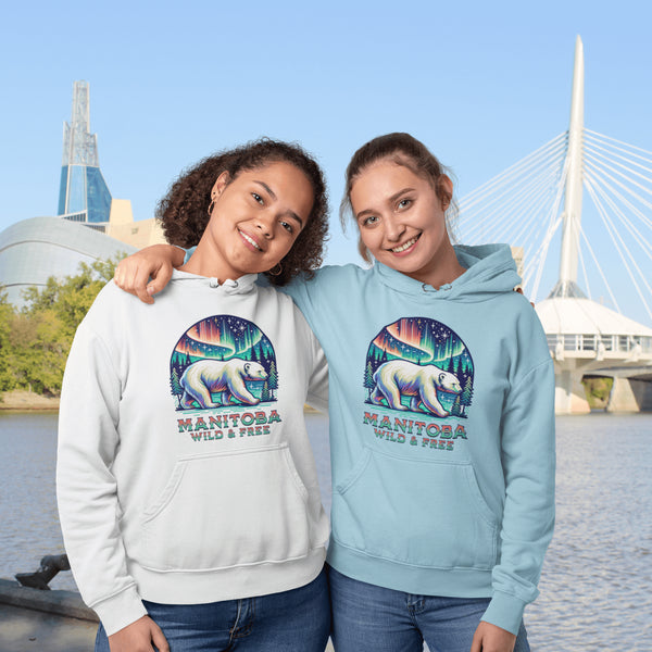 Featuring a majestic polar bear set against the breathtaking backdrop of the northern lights, this hoodie celebrates the spirit of Manitoba’s wild landscapes.