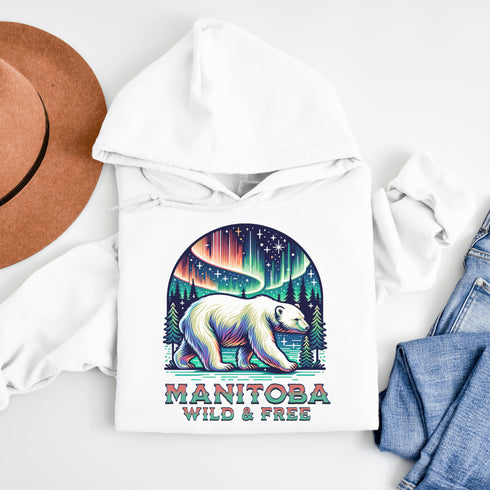 Featuring a majestic polar bear set against the breathtaking backdrop of the northern lights, this hoodie celebrates the spirit of Manitoba’s wild landscapes.