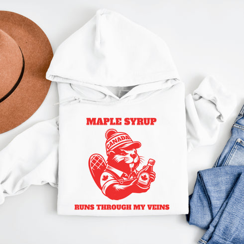 This hoodie Features a beaver decked out in a Canada shirt and hat while holding a bottle of maple syrup, this design is a tribute to Canada’s sweetest obsession.