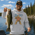 Funny Sasquatch fishing graphic printed on a unisex hoodie featuring a vintage Bigfoot fisherman design, shown on multiple hoodie colors and lifestyle mockups perfect for outdoor and fishing apparel.