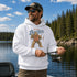 Funny Sasquatch fishing graphic printed on a unisex hoodie featuring a vintage Bigfoot fisherman design, shown on multiple hoodie colors and lifestyle mockups perfect for outdoor and fishing apparel.